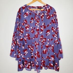 Lane Bryant Polyester Blue & Red Floral Printed Tiered Bell Sleeve 26